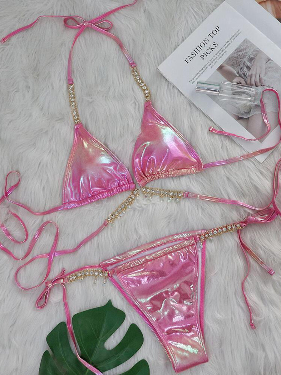 Wrap Around Halter Metal Chains Bikinis 2025 Diamond Bikini Women Swimsuit Female Swimwear Two Pieces Bikini set Bathing Suit