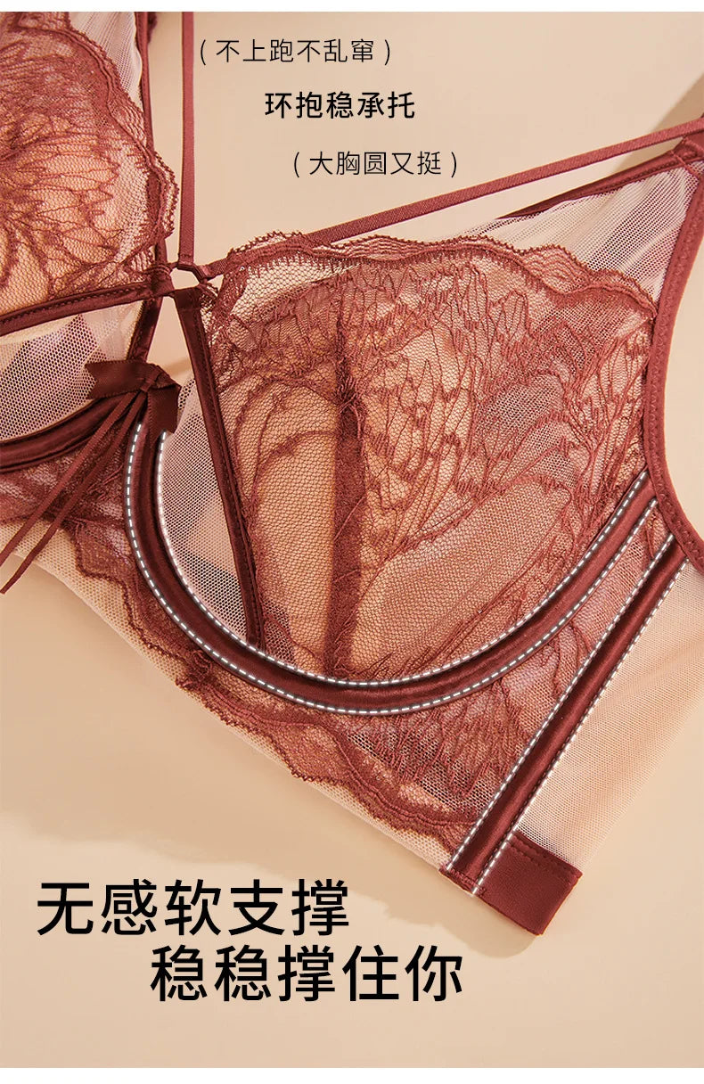 Women's French Pure Desire Lace Lingerie Set - Rabbit Ear Cup Thin Push Up Bra Minimizer for Large Bust