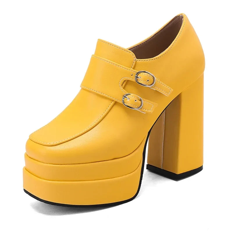 Plus Size Double Row Small Buckle Side Zipper Square Toe Double Layer Platform High Thick Heel Women's Pumps Shallow High Heels