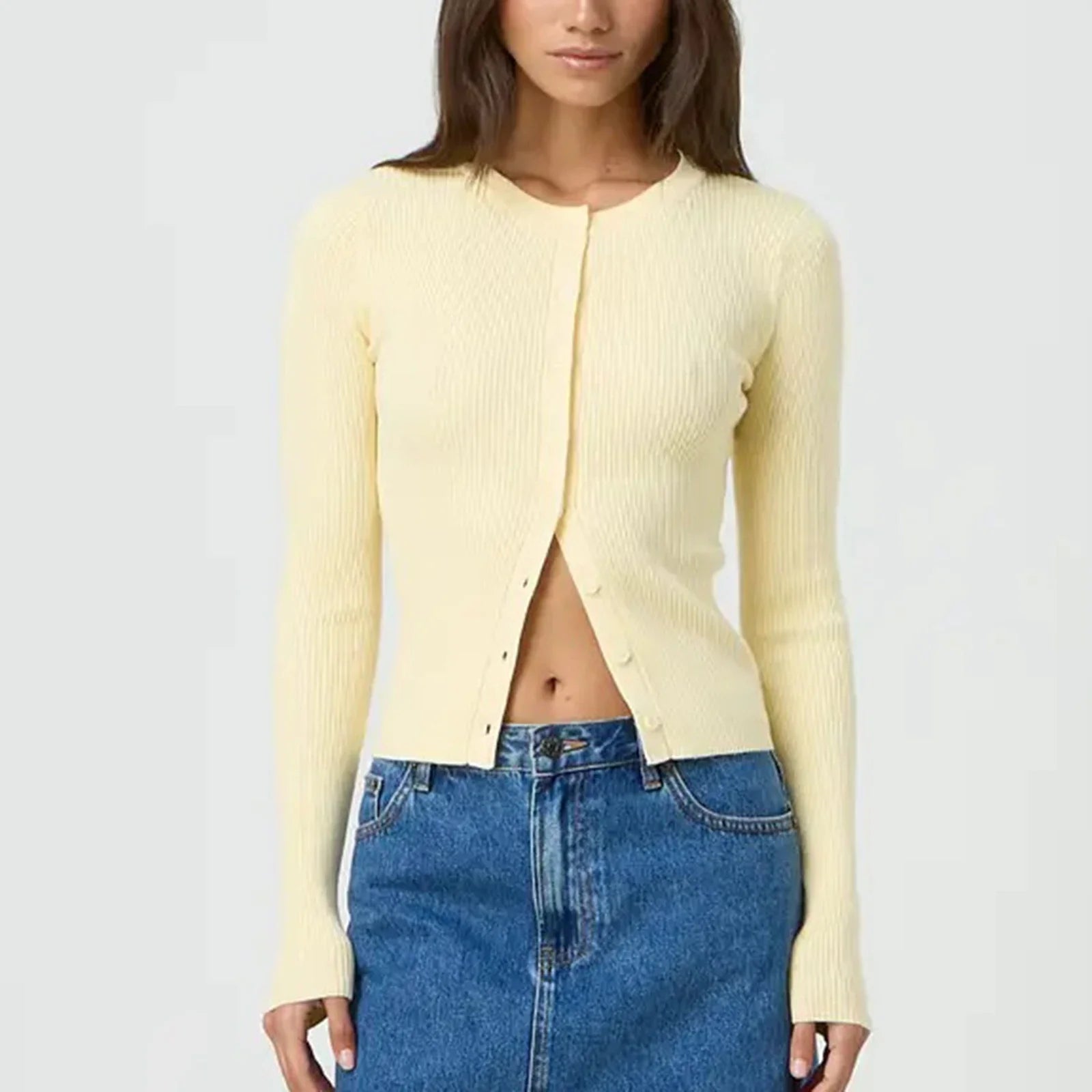 Autumn Winter Sweater Cardigan Women Solid Color Long Sleeve Round Neck Button Up Ribbed Knitwear Slim Coat