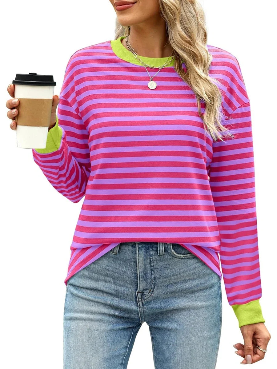 Autumn Winter Long Sleeve Basic T-Shirts Women Stripe Print Round Neck Casual Loose Fit Tunic Tops Streetwear
