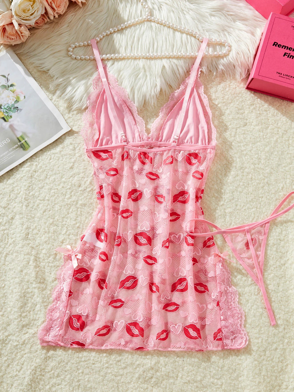 Lips Prints Pink Lace Sexy Lingerie Women See Through Babydoll Dress Slim Soft V Neck Side Opening Sleepwear Festival Gift