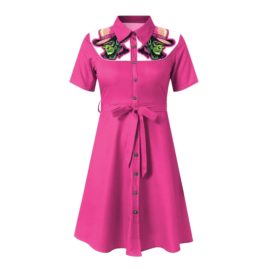 Western Cowgirl Printed Dress Halloween Cosplay Costume Summer Cowboy Button-Down Dress Short Sleeves 100% Cotton Sexy Dress