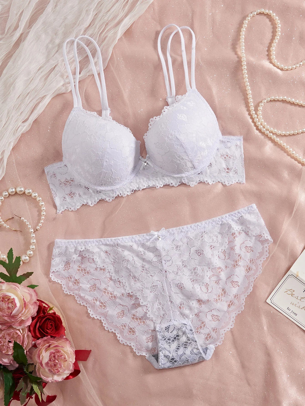 Women's Sexy Lingerie Set Lace Patchwork Solid Color Bowknot Rhinestone Embellished Push-Up Double Shoulder Strap Unlined Comfortable Underwear, Lace Semi-Transparent Breathable Panties