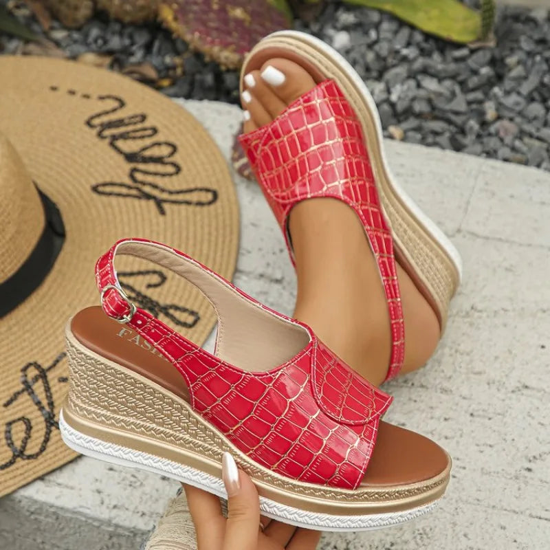 Buckle Strap Wedge Heel Sandals for Women Summer 2026 Plaid Pattern Platform Sandals Woman Thick Bottom Anti Slip Beach Shoes