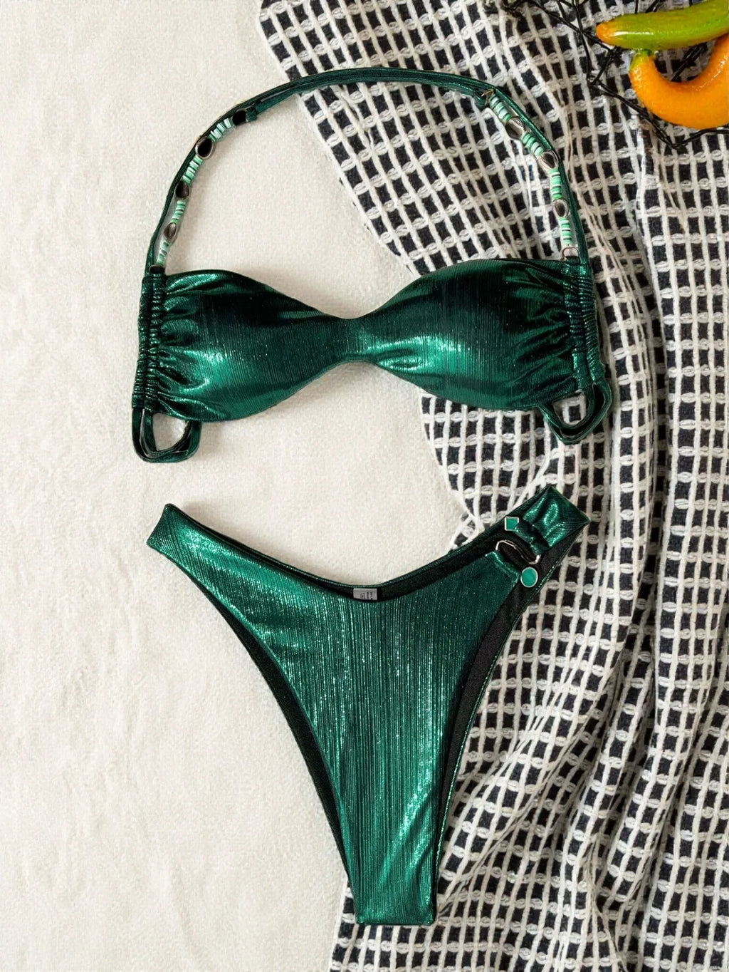Sexy Green Bead String Halter Bikini Swimsuit Woman 2025 Metal Ring Swimwear Bathing Suit Bikinis Sets De Mujer Thong Biquinis