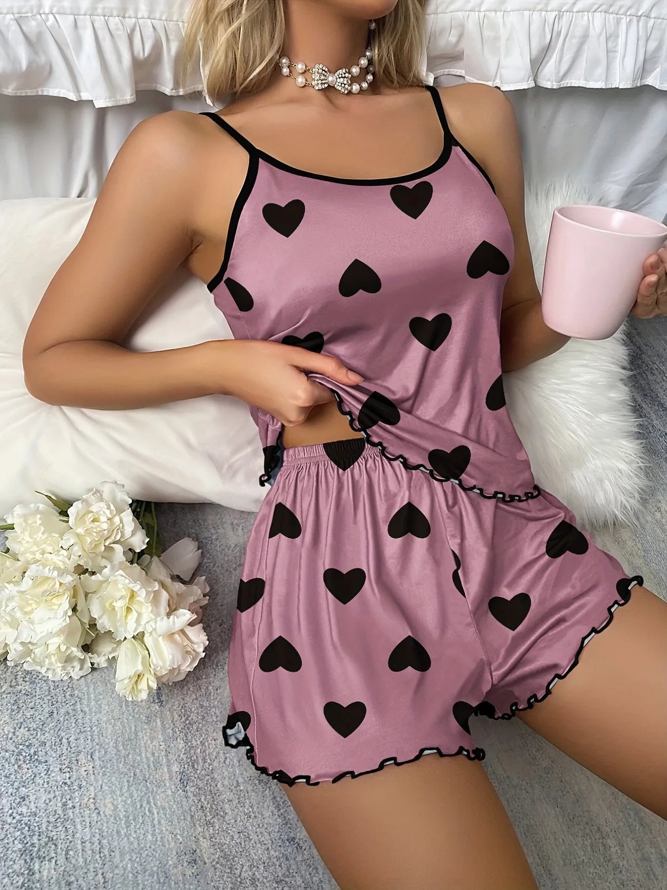 Women Heart Print Pajama Set Spaghetti Strap Cami Top and Shorts Soft Breathable Summer Sleepwear Casual Loungewear Set