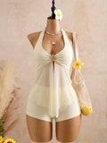 Vintage Yellow Polka Dot Print Bikini Set 2026 Women Metal Sun Ornament Mesh Tank Top High Waist Swimsuit Bathing Suit Swimwear