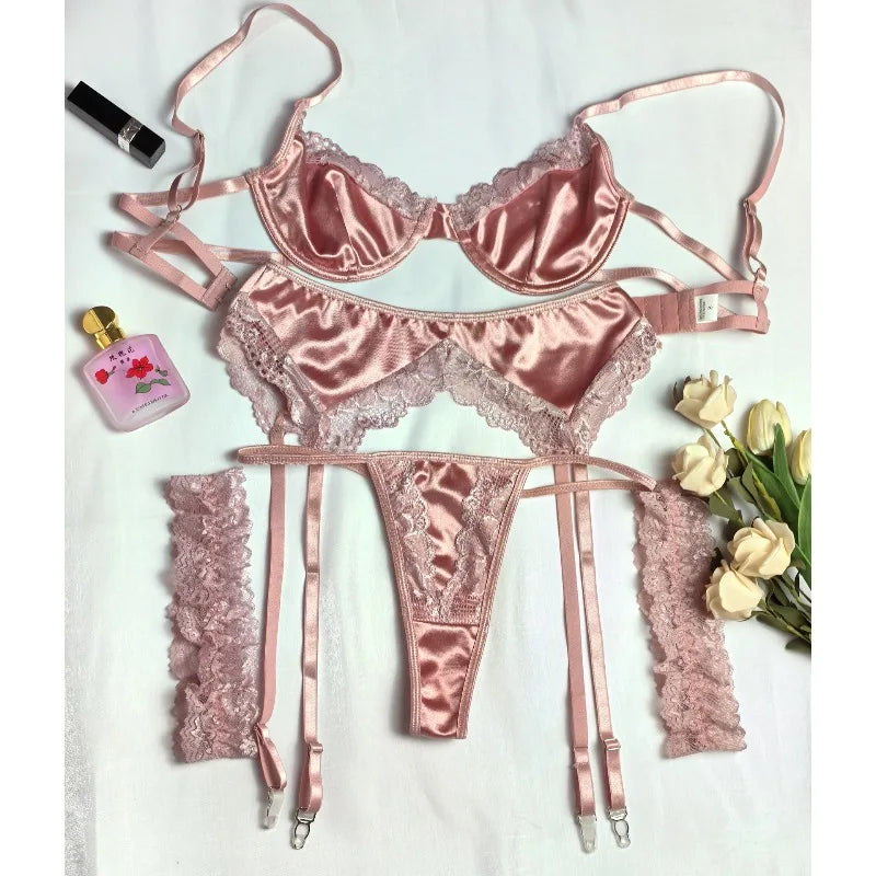 Toucheart 4PCS Patchwork Sexy Interesting Underwear Thong Set Slim Backless Lace Up Hollow Out  Floral Mesh Sexy Underwear Set