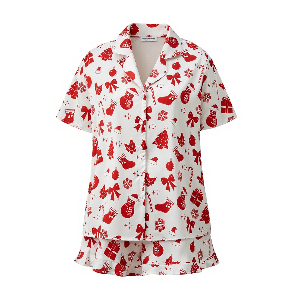 Women 2 Pieces Christmas Pajamas Sets V Neck Short Sleeve Christmas Themed Print Tops and Drawstring Waist Shorts Satin Suits
