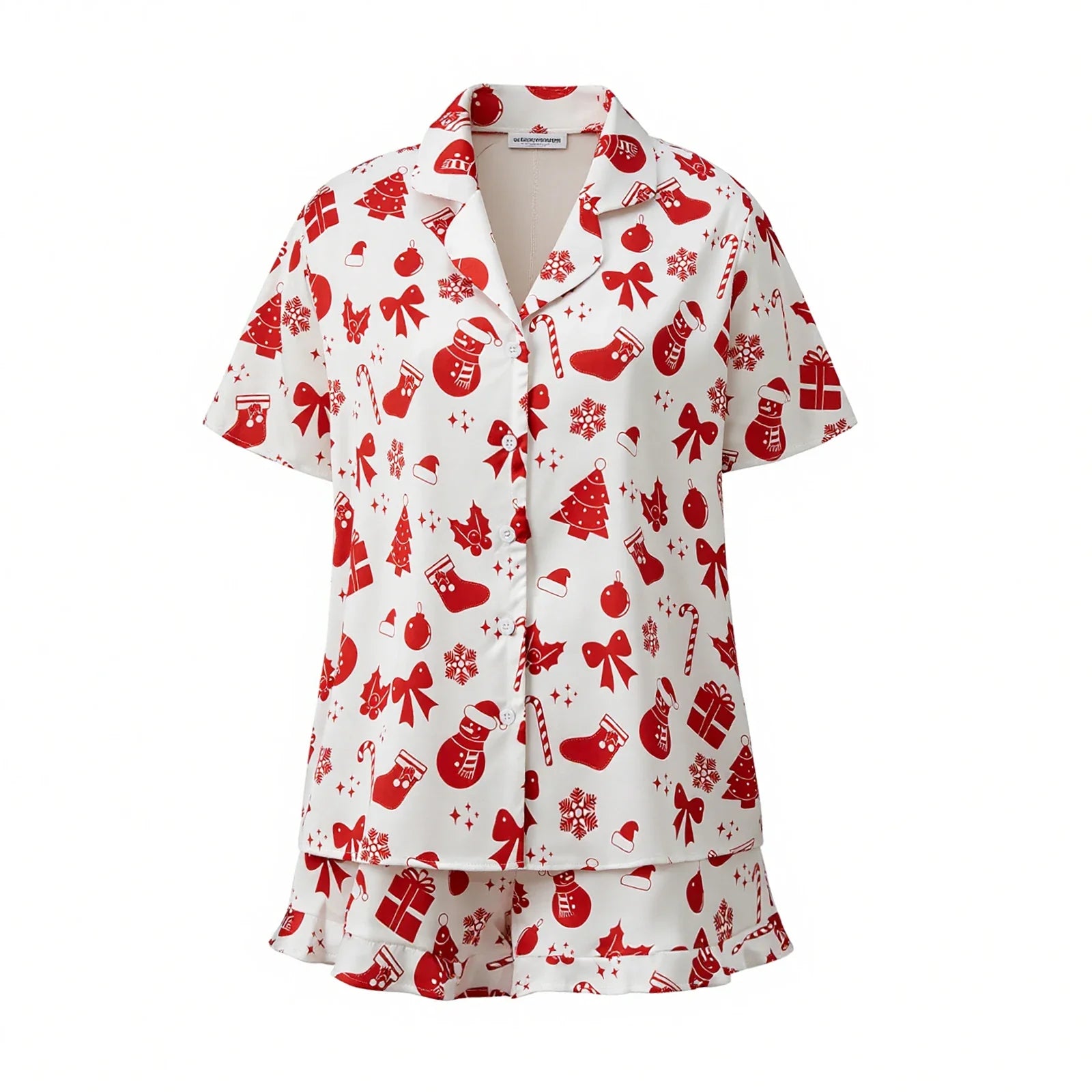 Women 2 Pieces Christmas Pajamas Sets V Neck Short Sleeve Christmas Themed Print Tops and Drawstring Waist Shorts Satin Suits