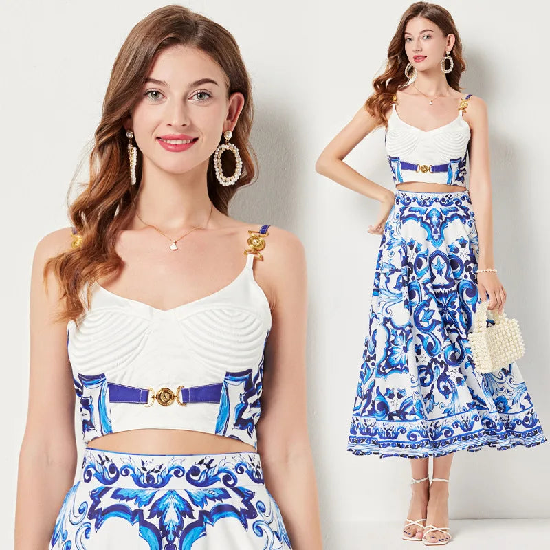 Women's Dress Blue And White Porcelain Retro Printed Metal Buckle Three-dimensional Strapless Top + Wide Skirt Two-piece Set