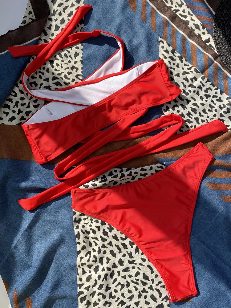 Halter Cross Bandage High Cut Bikini Women Swimsuit Female Swimwear Two-pieces Bikini Set Hollow Out Bather Bathing Suit Swim
