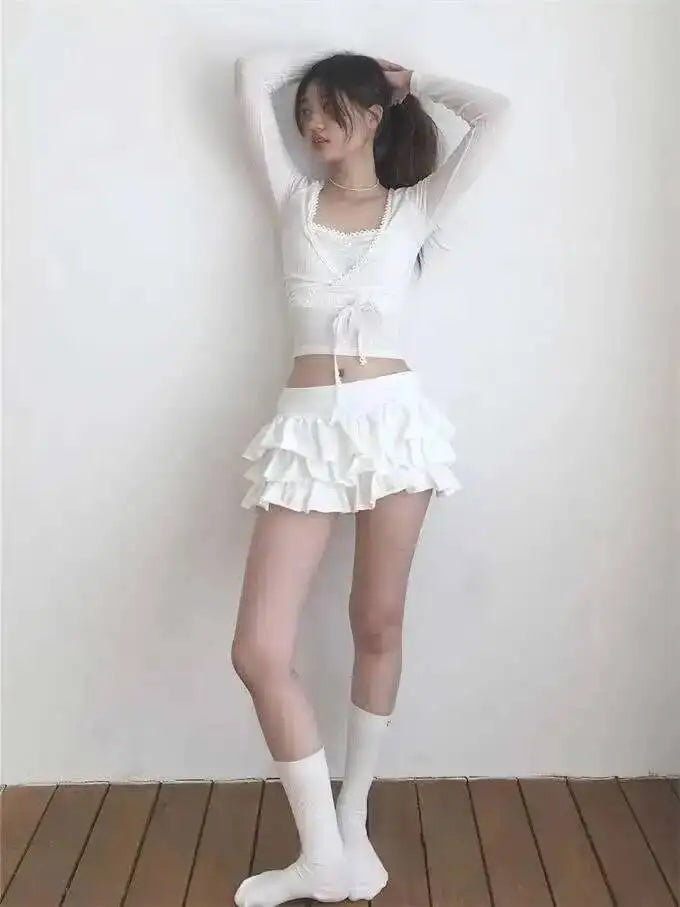Sweet And Spicy Ballet F-length Skirt With Elastic Waist And Lace Hem Flared Cake-aped Ort Skirt For Young Women 8PO5