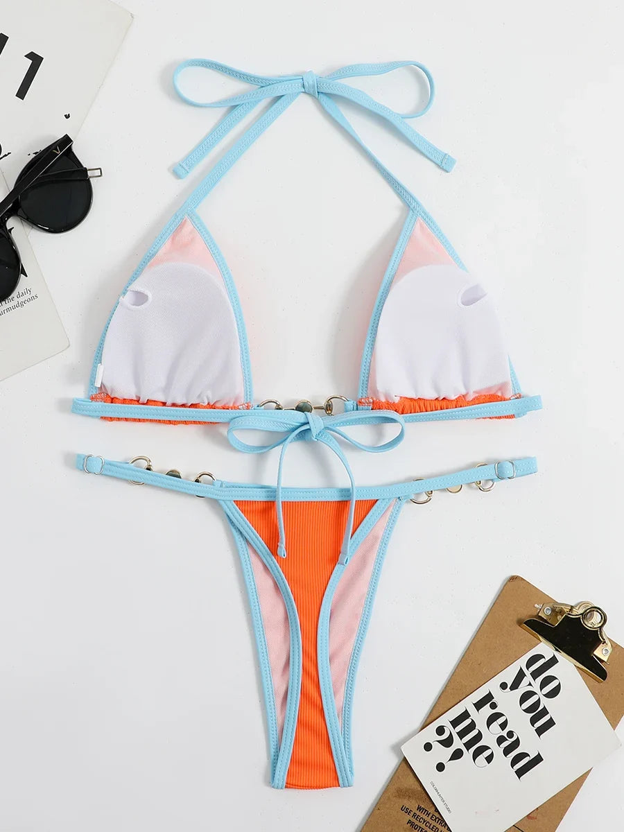 Pearl Thong Bikinis 2025 Women Sexy Triangle Swimsuit Solid Brazil Swimwear Female Padded Bathing Swimming Suit Beachwear Summer