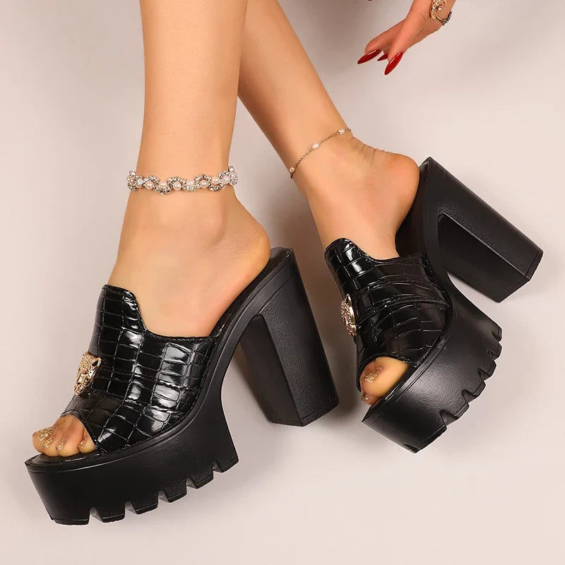Black Chunky High Heeled Sandals Women Summer Plus Size 43 Peep Toe Platform Sandles Woman Pu Leather Thick Heel Slippers Female