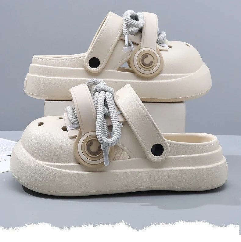 Women Summer Sandals Lace-up Style 2 Way to Wear Couples Fashion Platform Clogs Soft EVA Thick Sole Men Beach Street Slippers