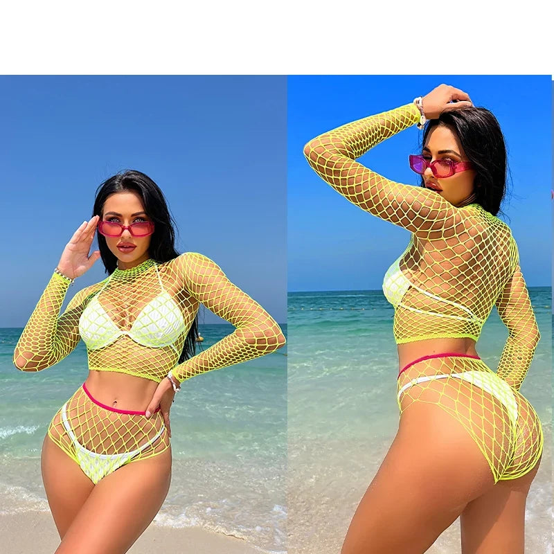 1 Set Sexy Women Fishnet Cover Ups Hollow Out Bodycon Women's Swimwear See through Tassel Dress without Bikini Beachwear
