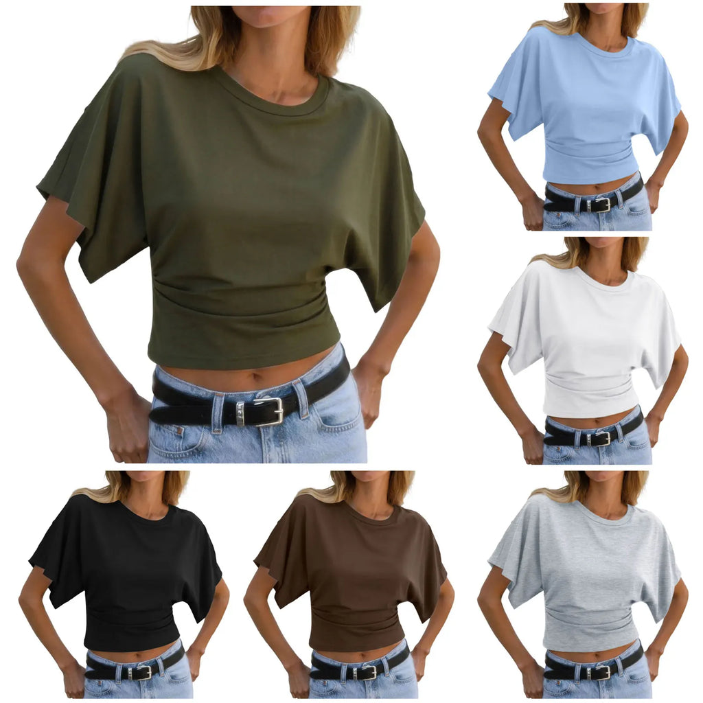Y2k Solid Cotton O-Neck Ruched Waist Short Top Women Short-Sleeved Loose T-Shirt Causal All-Match Short Summer Basic T Shirts