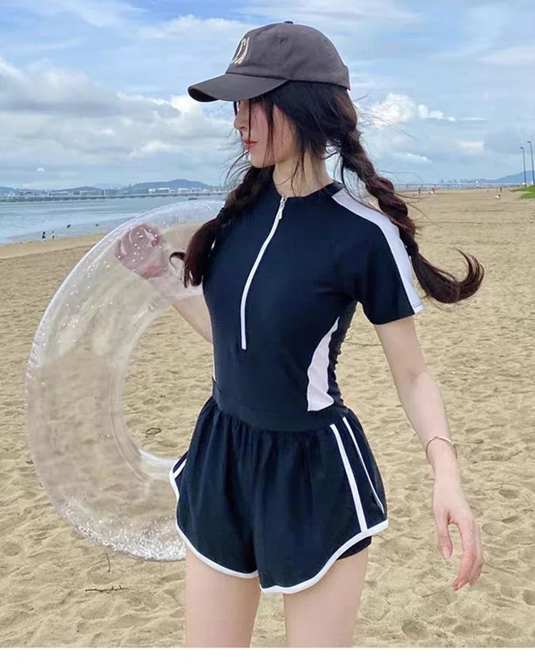 New Women's Swimsuit, One-piece Coverage Slimming Effect  Conservative Sports Style Hot Spring Flat Leg Pants Swimsuit Plus Size