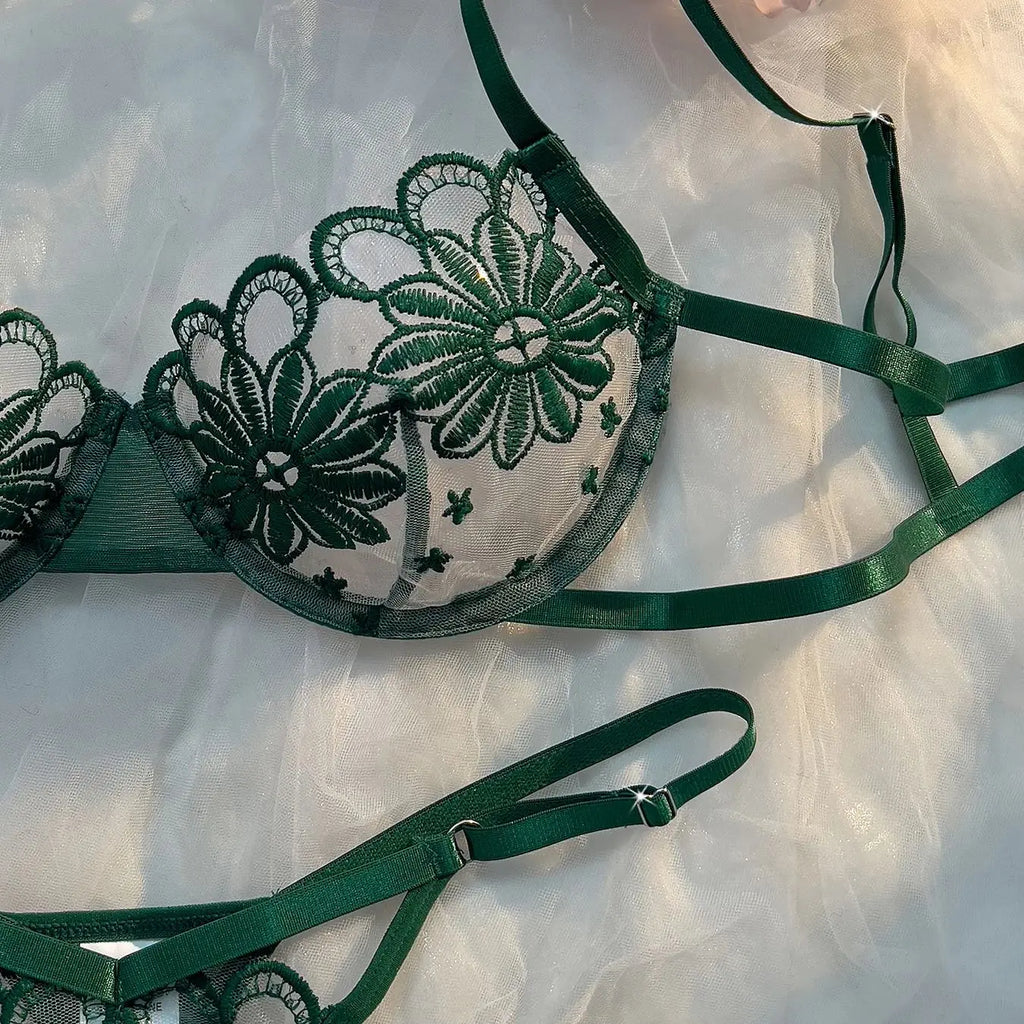 Ladies Youthful Daisy Summer Underwear Semi-Transparent Embroidered Cute Sweet Adjustable Style Women's Lingerie
