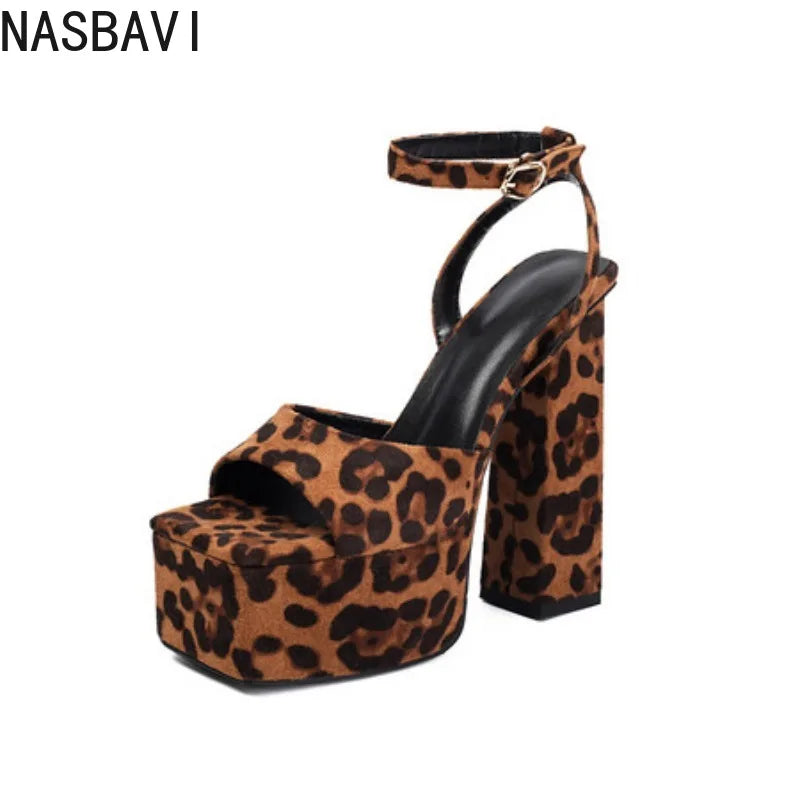 NASBAVI Square Toe Women Patent Thick Platform Sandals High Chunky Heels Ankle Straps Summer Leopard Shoes Custom Colors