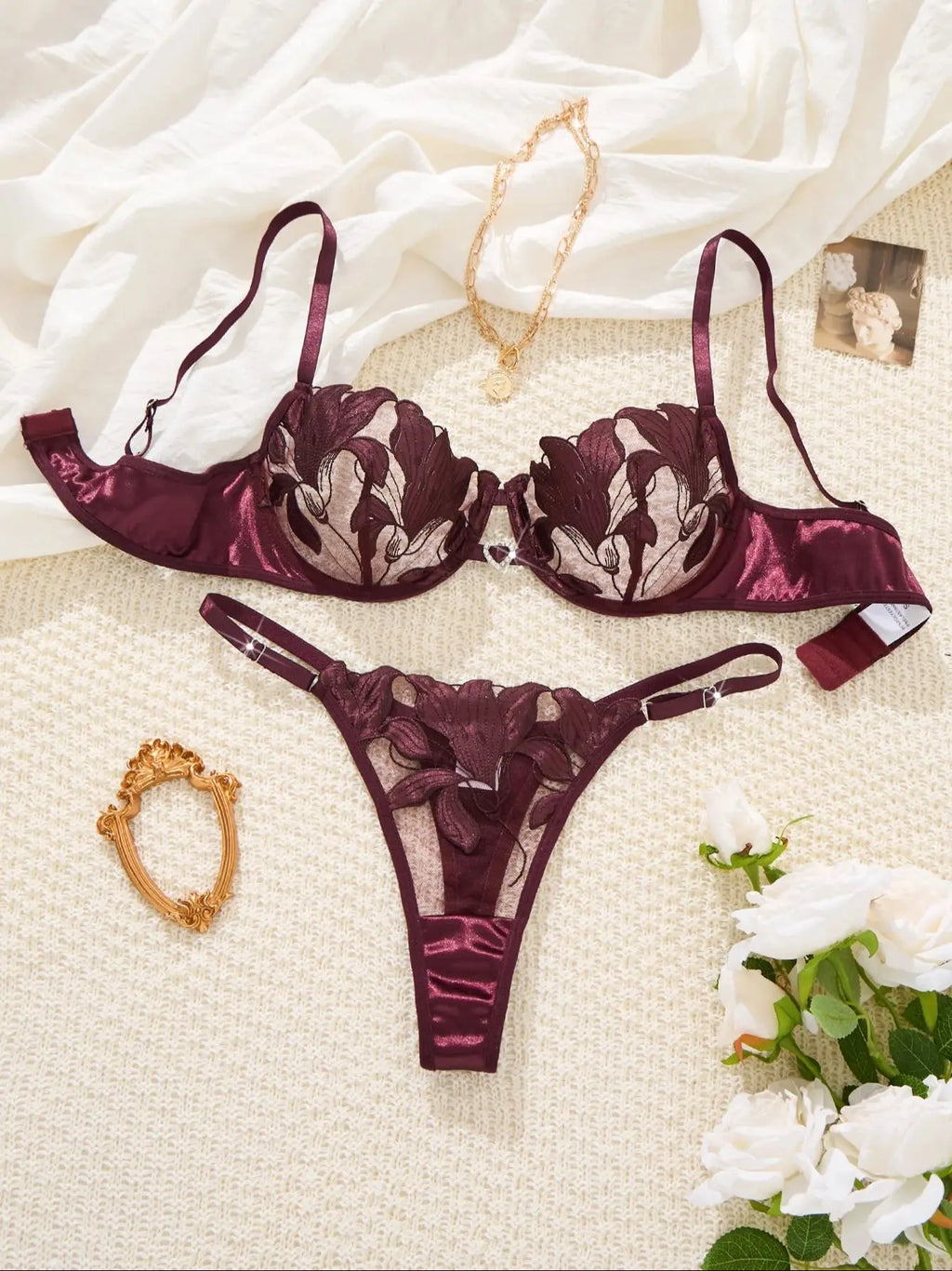 Special anniversary embroidery lingerie set - Sophisticated style, atmosphere-enhancing French vintage mesh bra ZA824031