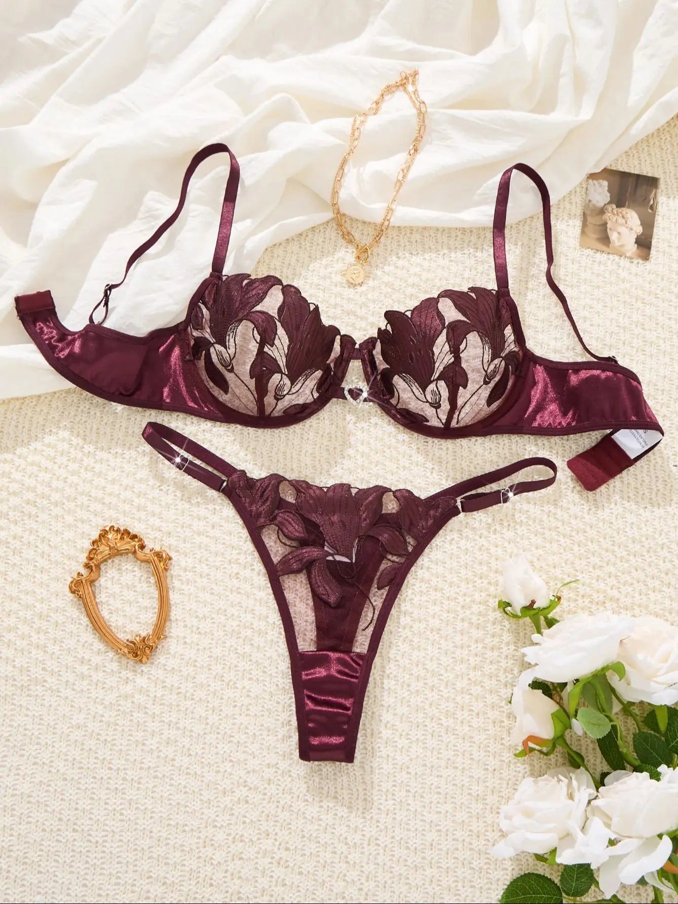 Burgundy Floral Embroidery Satin Lingerie Set Sheer Mesh Underwire Bra & Thong Women Sexy Underwear ZA824031