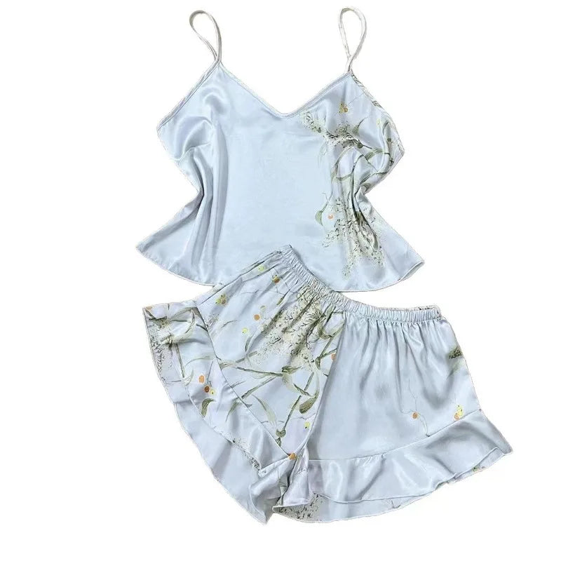 Elegant Floral Print Cami Tops   Ruffle Hem Shorts Pajama Set  Women's Sleepwear   Loungewear