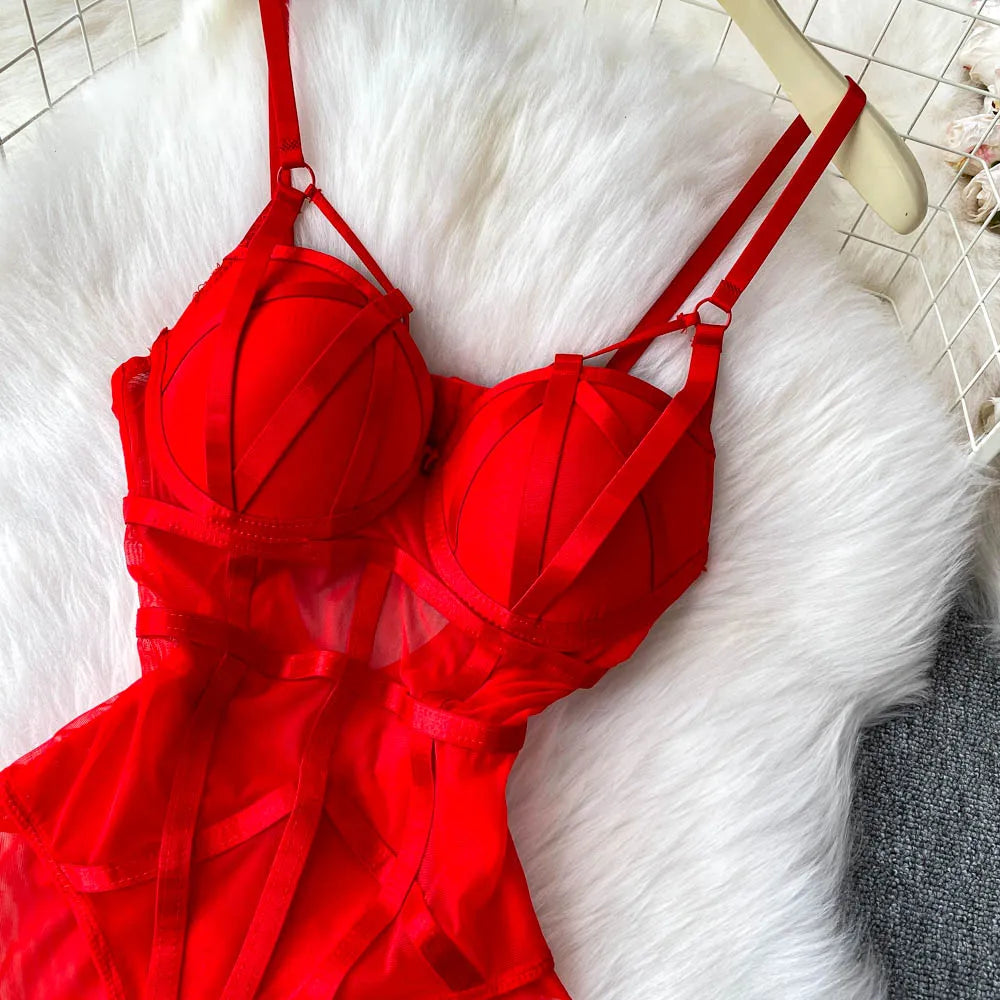 MOYISU Sexy Western Style Bodysuit for Women Sheer Net Halter Push Up Pads Summer Lingerie Figure Control See Through Hot Sale