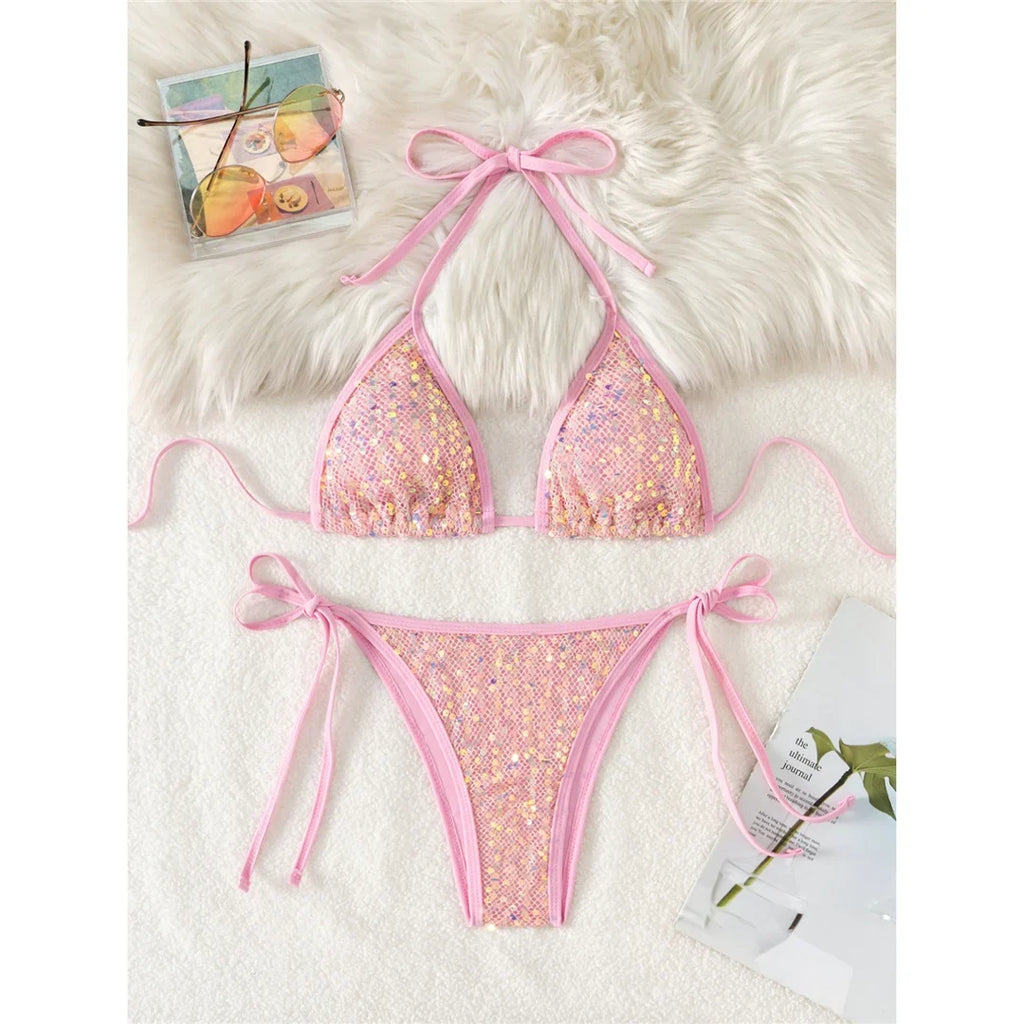 Sparkling Sequins Halter High Leg Cut Bikini Women Swimwear Female Swimsuit Two-Pieces Bikini Set Bather Bathing Suit Swim V6678
