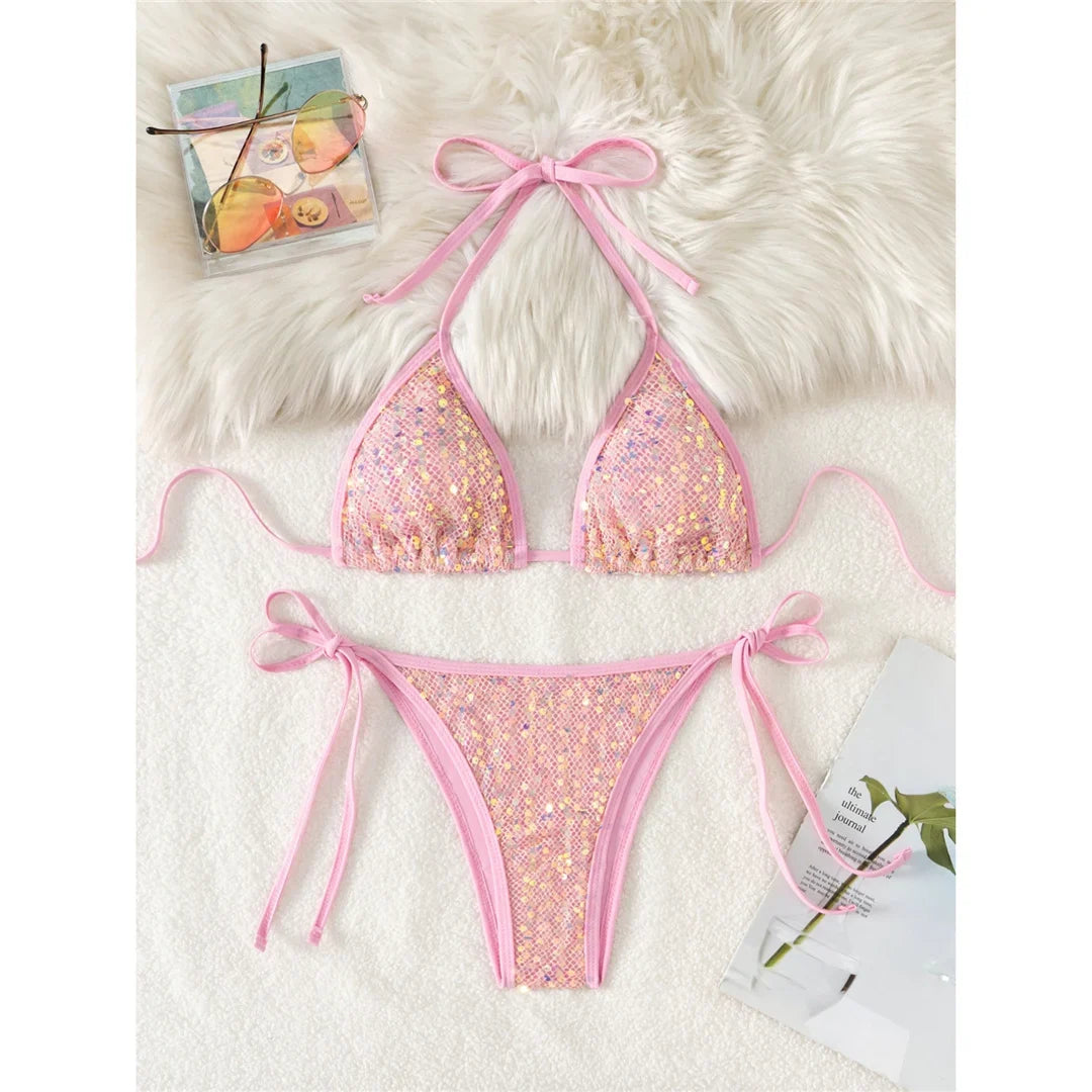 Sparkling Sequins Halter High Leg Cut Bikini Women Swimwear Female Swimsuit Two-Pieces Bikini Set Bather Bathing Suit Swim V6678