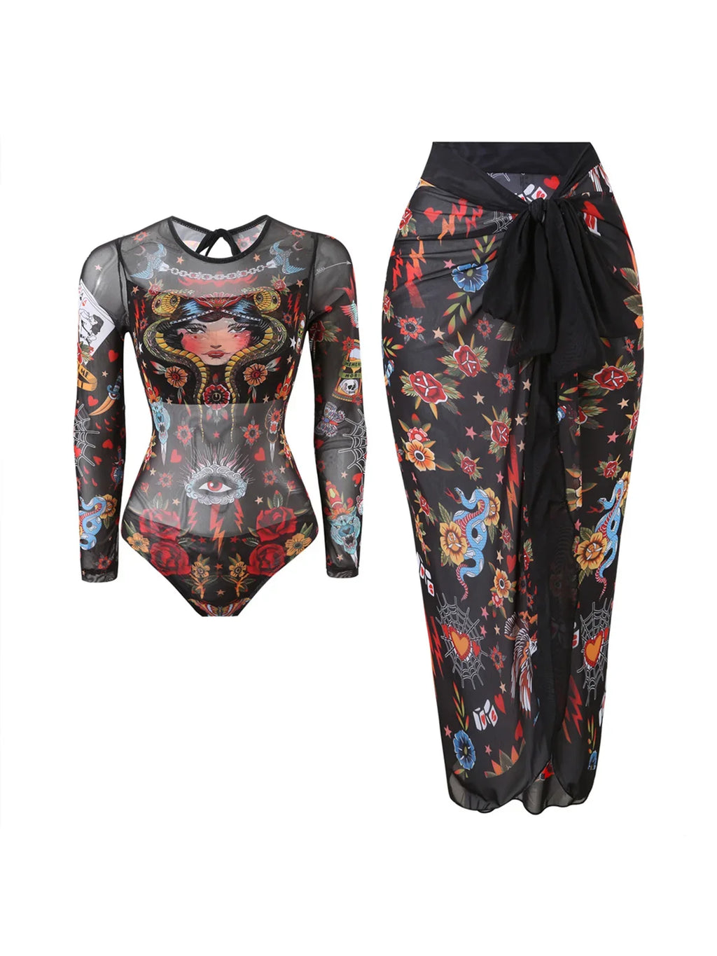 S - XXL Printed Long Sleeve With Sarong One Piece Swimsuit Women Swimwear Female Flowers Padded Bather Bathing Suit Swim K7181