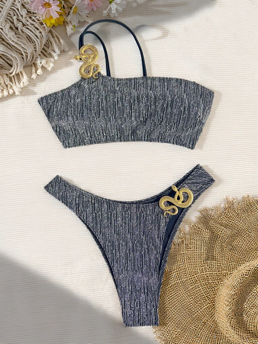 S - XL Glitter Sparkling One Shoulder Bikini Female Swimsuit Women Swimwear Two-pieces Bikini Set Bandeau Bathing Suit Swim Lady
