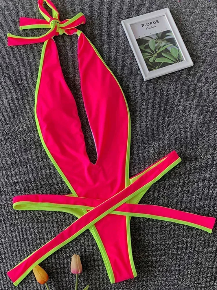 2025 Deep V Female Halter Swimwear One Piece Swimsuit Women Backless Monokini High Cut Wrap Around Bathing Suit Swim Bodysuit