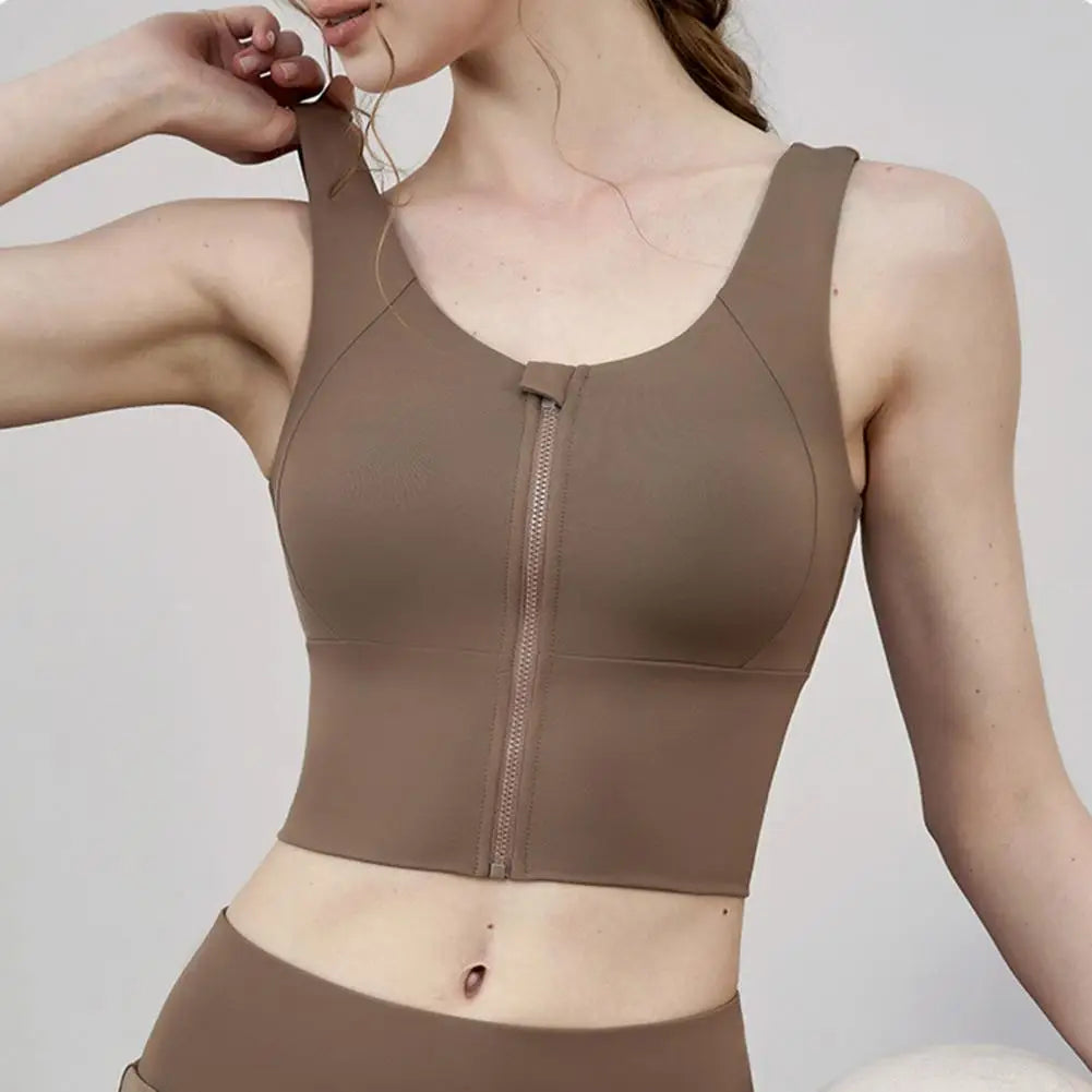 Women Sports Vest Sleeveless Round Neck Zipper Closure Fitness Bra Seamless Fabric Front Zipper Removable Chest Pad Underwear