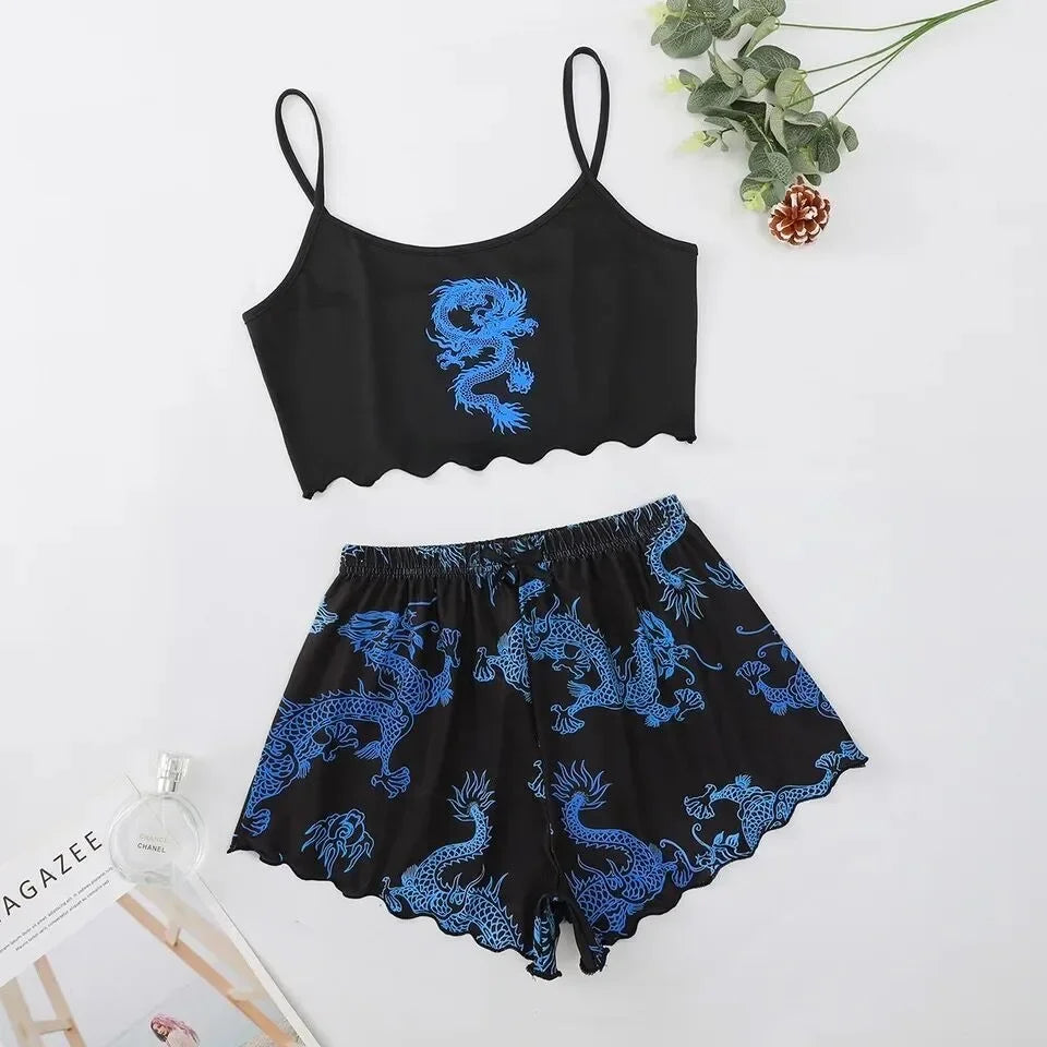 Summer Pajamas Set for Women Nightwear Sexy Dragon Printed Vest Halter Top Shorts Suit Homewear Sleepwear Loungewear
