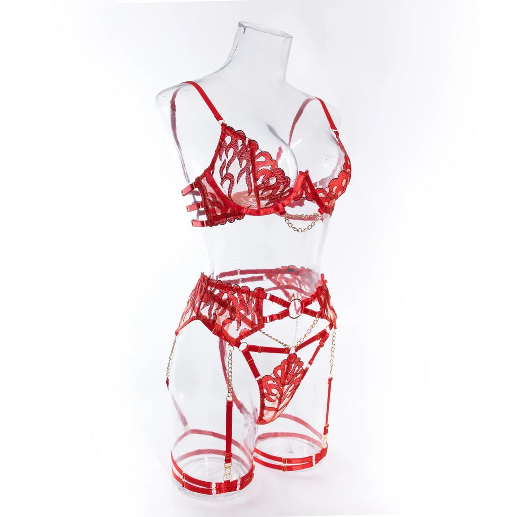 Bikini Fashion Sexy Plot Person Flame Metal High-End Temptation Slim Sexy Lingerie Four-Piece Set