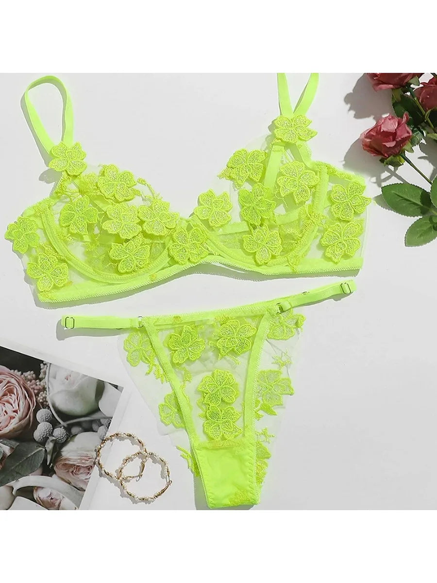 Toucheart Sexy Lingerie Set Transparent Feminine Sweet Mesh Embroidered Lace Bra Flower Applique Transparent Lingerie Women Kit