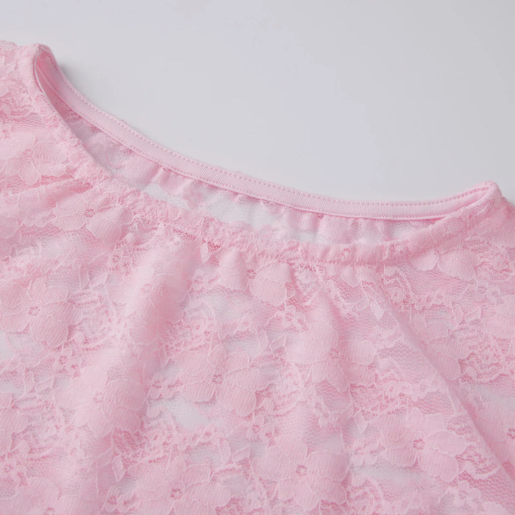 Women Summer Solid Color Sheer Lace Crop Tops Cap Sleeve Scoop Neck Solid Color T-Shirts