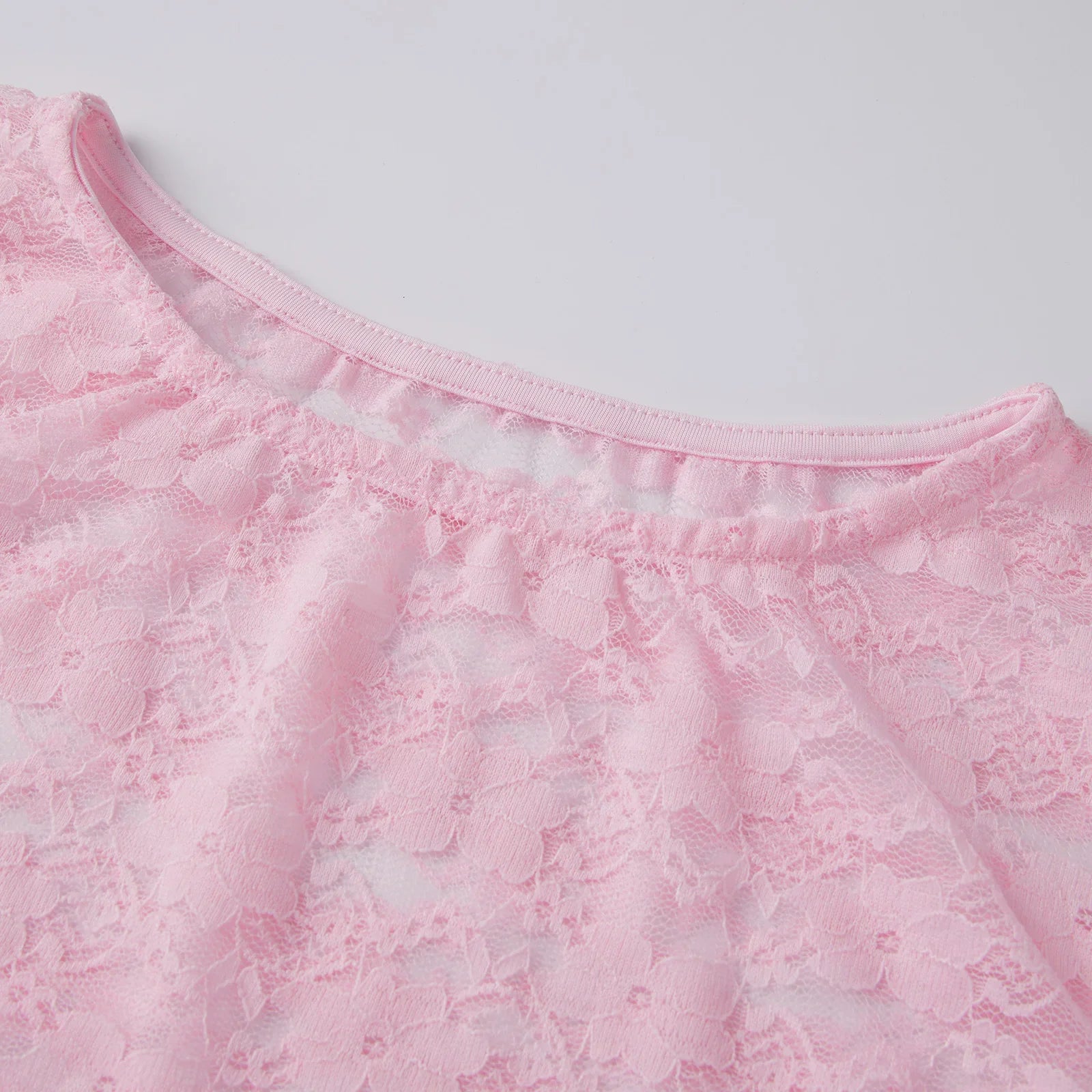 Women Summer Solid Color Sheer Lace Crop Tops Cap Sleeve Scoop Neck Solid Color T-Shirts