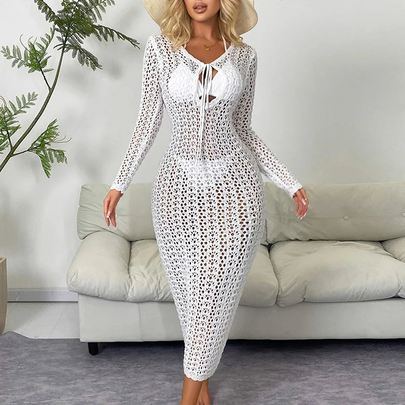 See-through Maxi Dress with V-Neck And Long Sleeves Lace-Up Hollow-out Design for Women Fashionable Beach Holiday Sexy Long Gown