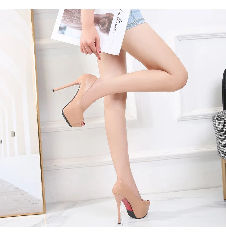 10/12/14cm Super High Heels Women Fashion Leather Shoes Spring Fall Peep Toe Platform Party Nude Black Office Dress Pumps Female