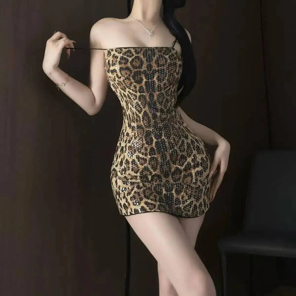 Straw Girl Style Sequin Strap Leopard Print Sexy Bodycon Dress For Hot Girls, Slim Fit And Alluring For Nightclub Dress SCB4