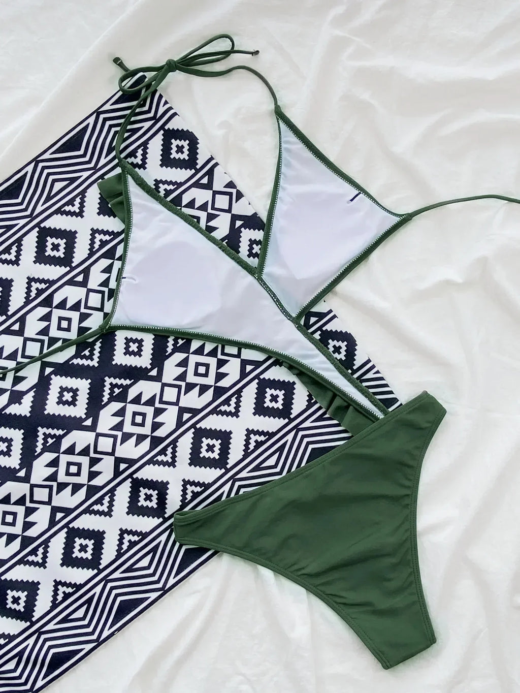 Sexy One Piece Swimsuit Swimwear Women Solid Ruffled V-neck Halter Backless Army Green Bathing Suit Beachwear Banadores Mujer