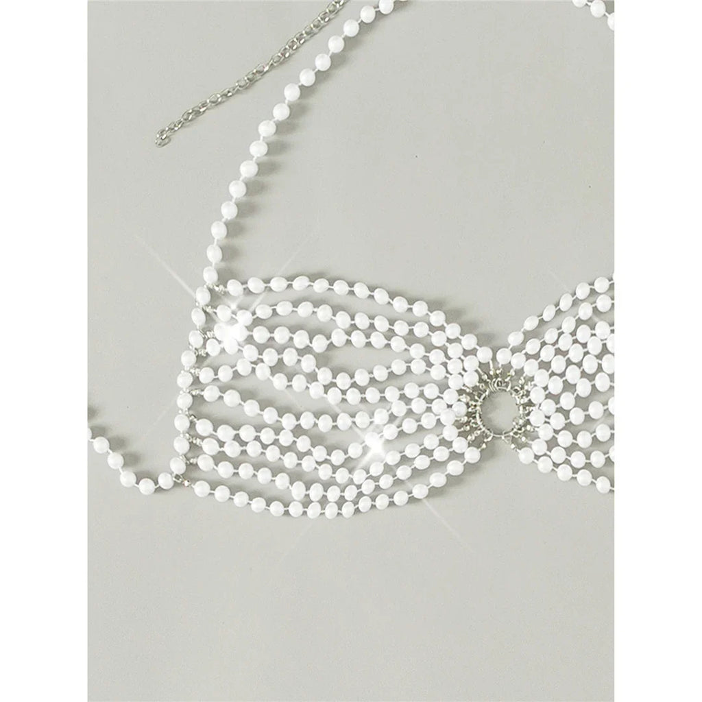 Luxury Pearls Halter Hollow Out See Through Bikini Top Female Swimsuit Women Swimwear Bather Bathing Suit Swim Beach Top V5409