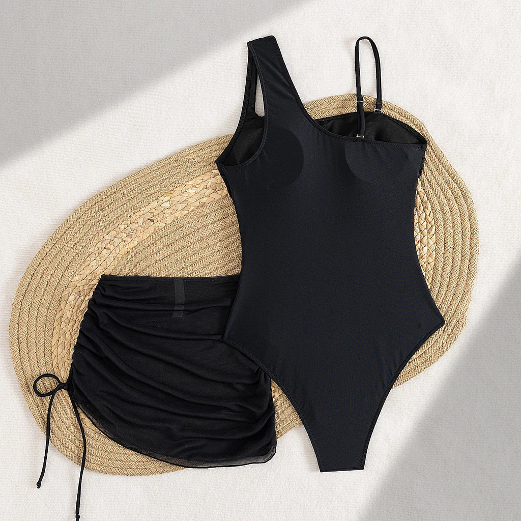 Vintage Black One Piece Swimsuit Skirt Sets Women Sexy One Shoulder Mesh Patchwork Slim Fit Tswimwear 2025 Beach Bathing Suits