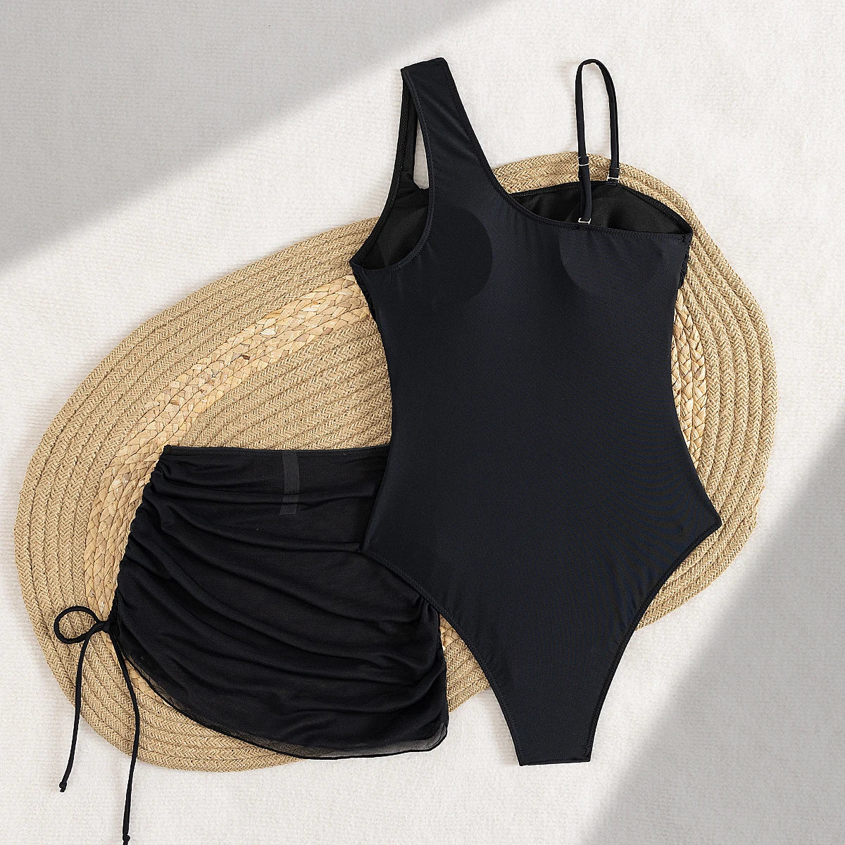 Vintage Black One Piece Swimsuit Skirt Sets Women Sexy One Shoulder Mesh Patchwork Slim Fit Tswimwear 2025 Beach Bathing Suits