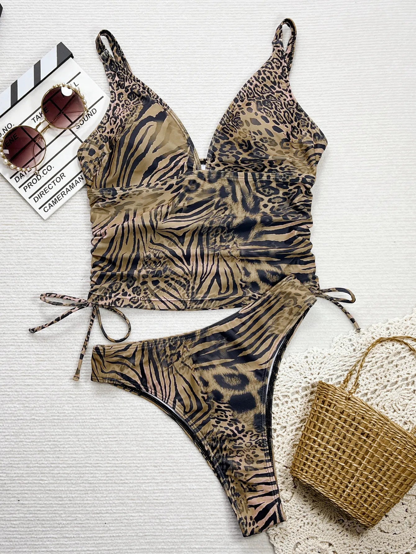 2026 Summer Women Leopard Print Swimsuit Sexy Deep V Neck Drawstring Bathing Suit Swimwear High Waist Push Up Biquini Beachwear