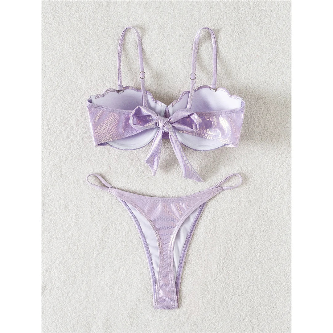 Scalloped Snake Skin Thong Bikini Female Swimsuit Women Swimwear Two-Pieces Bikini Set Bra Cup Bather Bathing Suit Swim V4650
